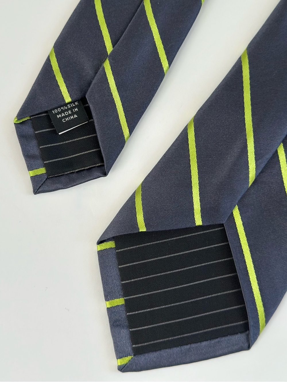 Express Design Studio 100% Silk Charcoal Gray & Lime Green Striped Men’s Tie